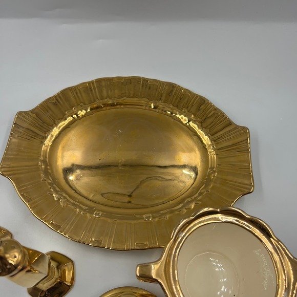 Vintage 22 Karat Gold Serving Tray Lid Dish Salt Pepper Shakers GLAM MidCentury - Picture 4 of 14